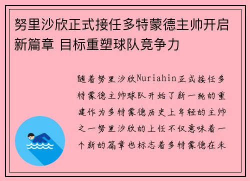 努里沙欣正式接任多特蒙德主帅开启新篇章 目标重塑球队竞争力