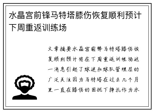 水晶宫前锋马特塔膝伤恢复顺利预计下周重返训练场