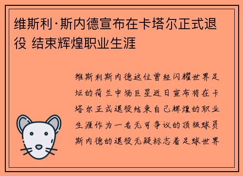 维斯利·斯内德宣布在卡塔尔正式退役 结束辉煌职业生涯